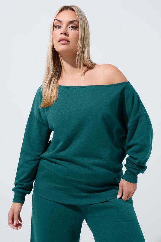 LIMITED COLLECTION Plus Size Forest Green Wide Neckline Sweatshirt | Yours Clothing 1
