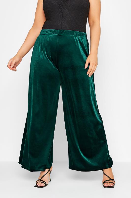 Plus Size Green Wide Leg Velvet Trousers | Yours Clothing 1