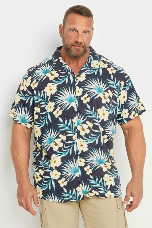  JACK & JONES Navy Blue Floral Print Short Sleeve Resort Shirt