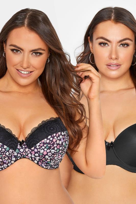 Plus Size 2 PACK Black Floral Print Padded Underwired T-Shirt Bras | Yours Clothing  1