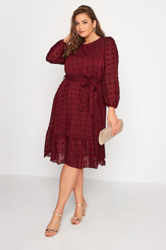 Plus Size YOURS LONDON Wine Red Dobby Puff Sleeve Dress | Yours Clothing 1
