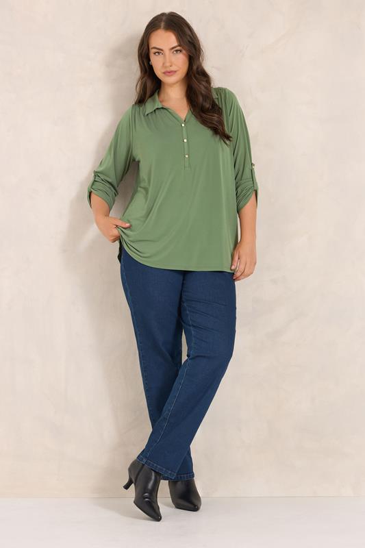 EVANS Plus Size Khaki Green Long Sleeve Blouse | Evans  1