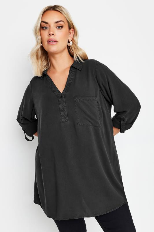 YOURS Plus Size Black Overhead Chambray Shirt | Yours Clothing  1