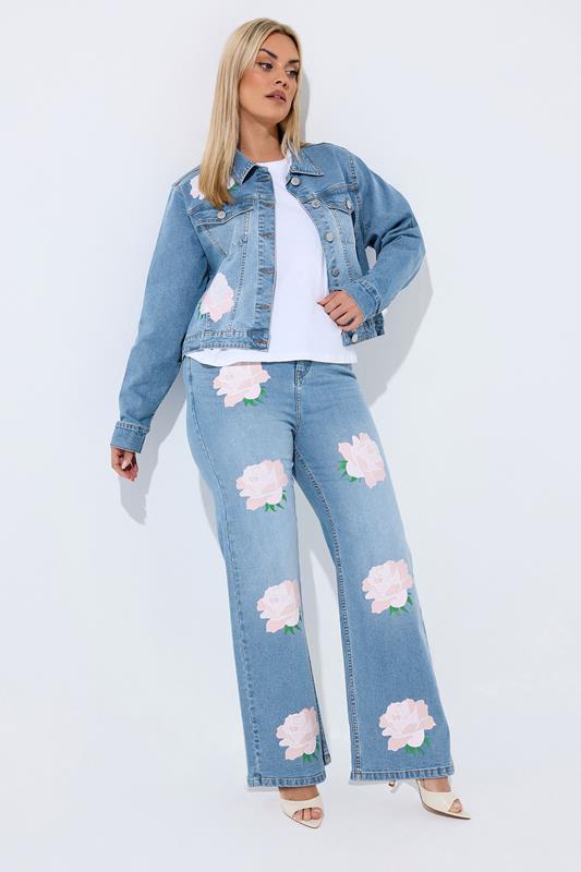 LIMITED COLLECTION Plus Size Blue Rose Printed Denim Jacket | Yours Clothing 1