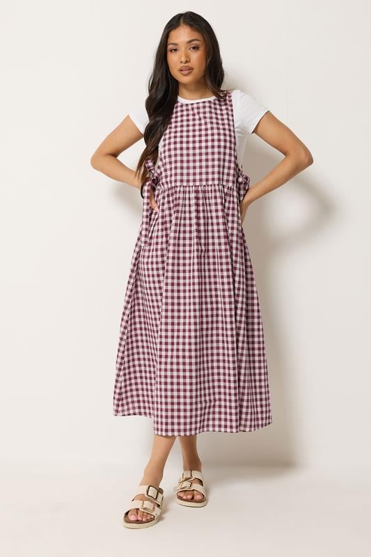  PixieGirl Petite Schürzenkeid in Pflaumenlila mit Vichy-Karo und Bindeband an der Seite