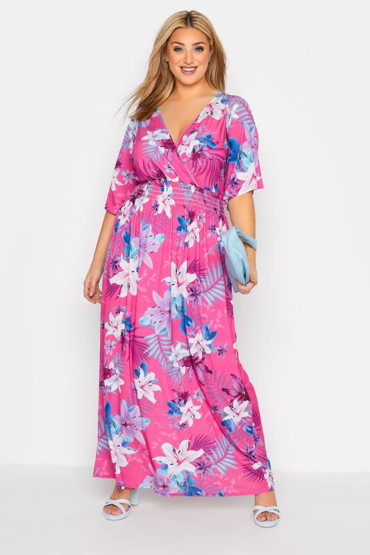 Plus Size  YOURS LONDON Curve Hot Pink Floral Shirred Waist Maxi Dress