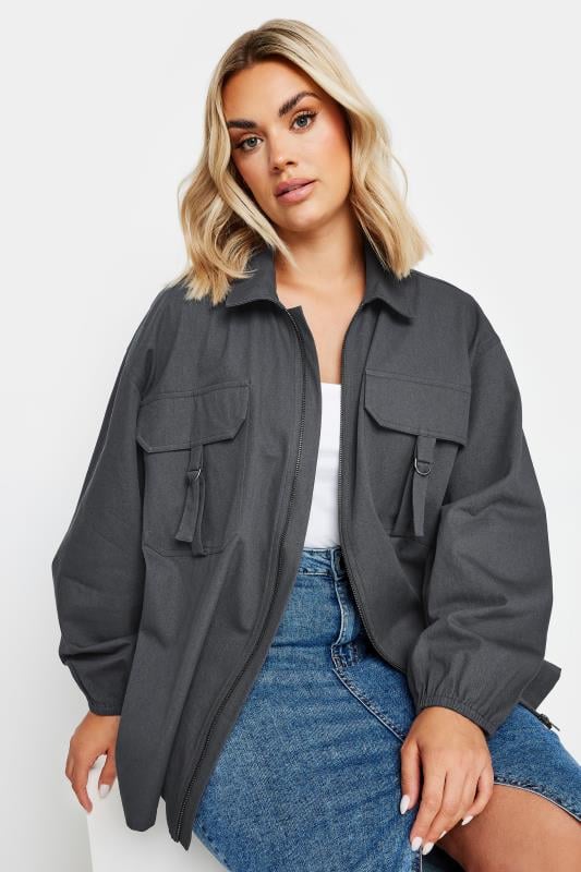 YOURS Plus Size Charcoal Grey Utility Bomber Jacket | Yours Clothing  1