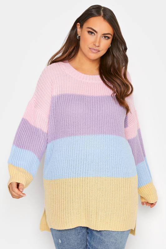 Großen Größen  Curve Pink & Yellow Pastel Stripe Knitted Jumper