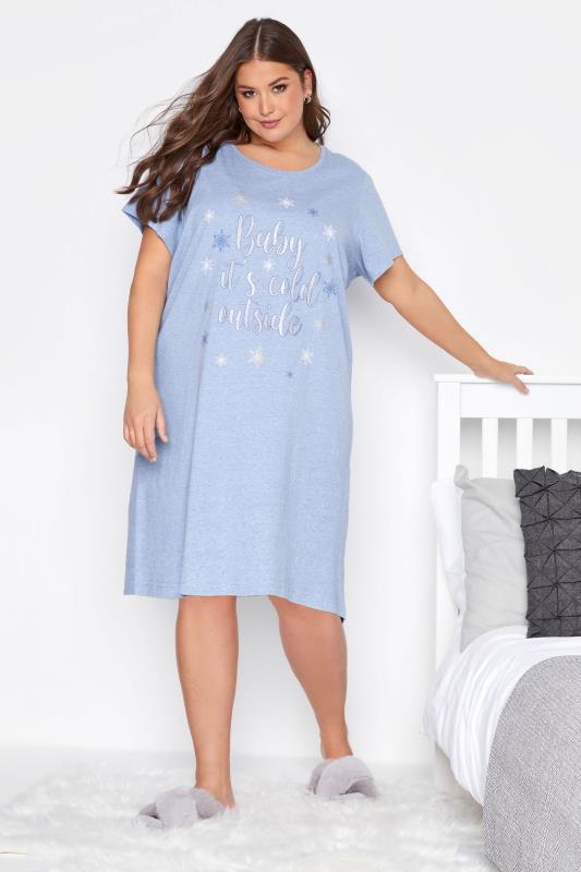 Plus Size  Blue 'Baby It's Cold Outside' Sparkle Snowflake Nightdress