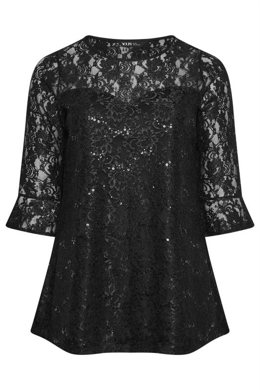 YOURS Plus Size Black Lace Sequin Embellished Swing Top | Yours Clothing 5