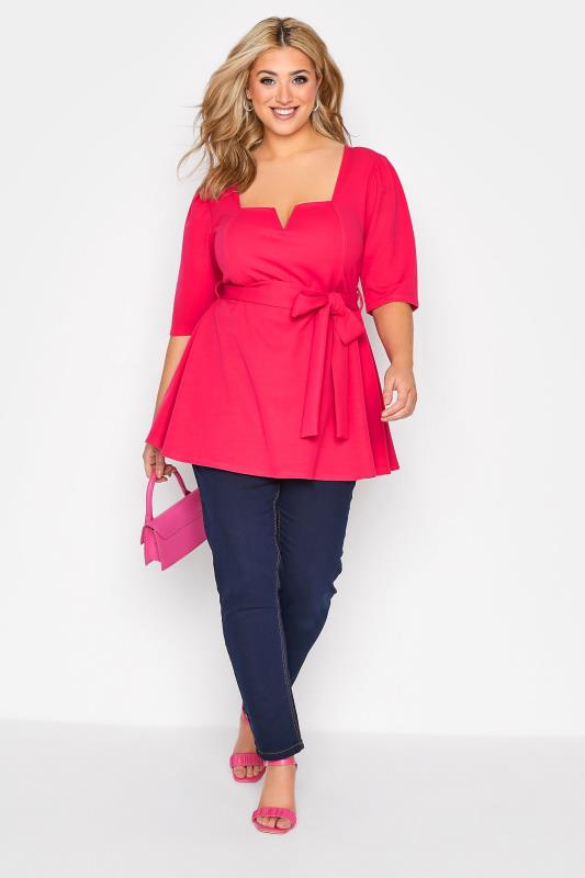 YOURS LONDON Plus Size Hot Pink Notch Neck Peplum Top | Yours Clothing 2