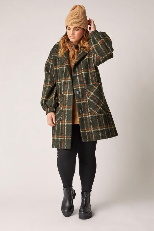 LIMITED COLLECTION Curve Khaki Green Check Balloon Sleeve Coat 3