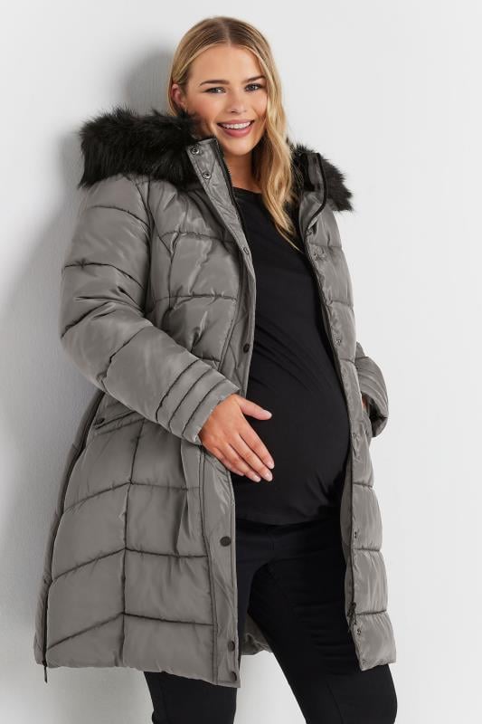 BUMP IT UP MATERNITY Plus Size Grey Zip Side Puffer Coat | Yours Clothing 5