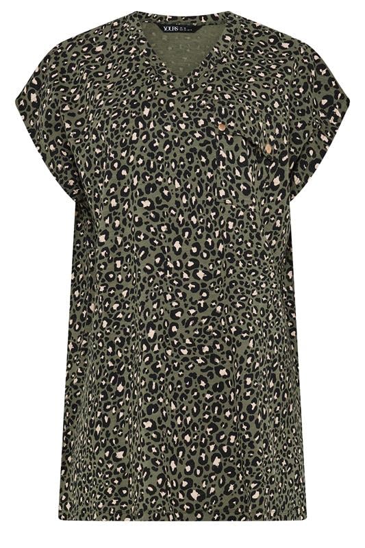 YOURS Plus Size Khaki Green Leopard Stud Pocket T-Shirt | Yours Clothing 5