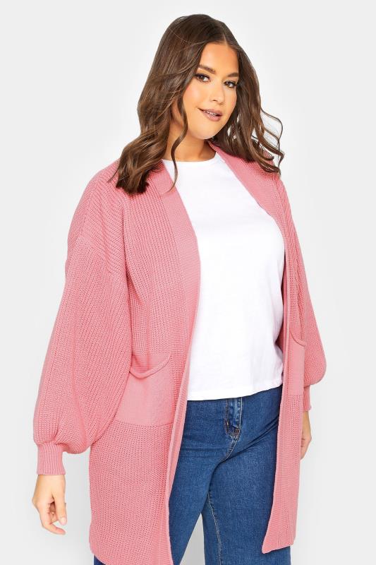 Plus Size  YOURS Curve Pink Longline Pocket Balloon Sleeve Knit Cardigan
