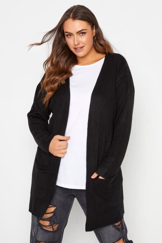 Yours Plus Size Black Soft Touch Ribbed Cardigan | Yours Clothing 1