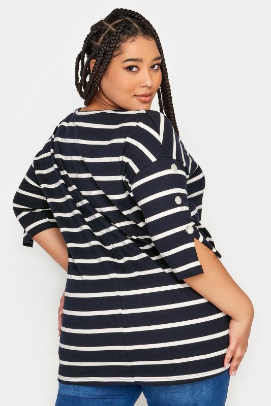 YOURS Curve Navy Blue Striped Button Sleeve Top | Yours Clothing