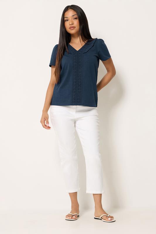 M&Co Petite Navy Blue Short Sleeve Frill Cotton Blouse | M&Co 1