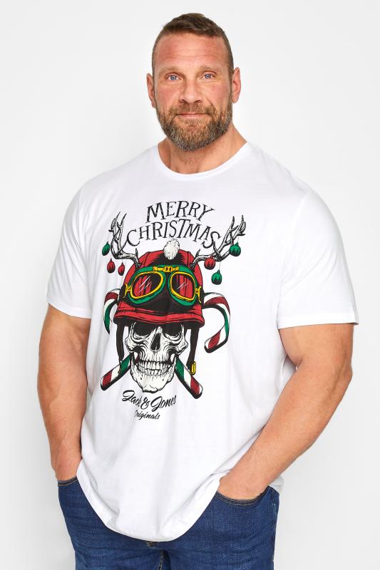 JACK & JONES Big & Tall White Christmas Skull T-Shirt | BadRhino 1