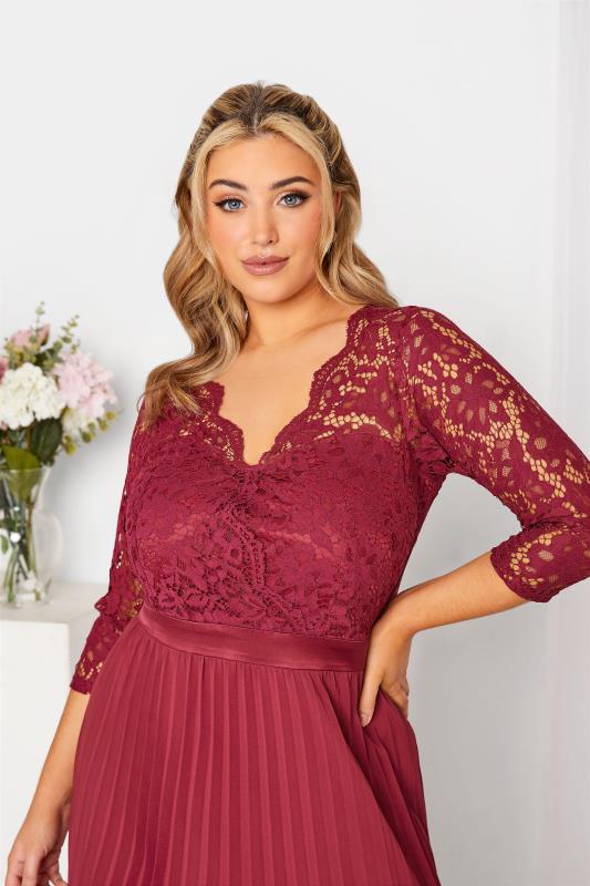 Plus Size YOURS LONDON Curve Burgundy Red Lace Pleated Maxi Dress | Yours Clothing  4