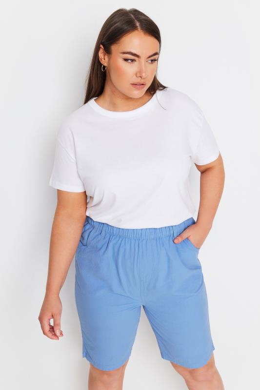 YOURS Plus Size Light Blue Elasticated Cool Cotton Shorts | Yours Clothing 1