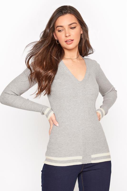 Tall  Tall Grey Marl Stripe Hem Ribbed Sweater