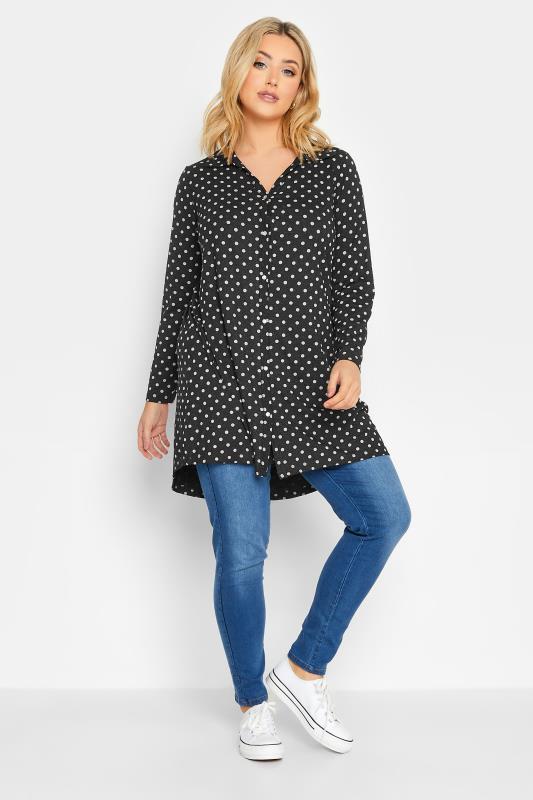 Plus Size Charcoal Grey Polka Dot Button Through Shirt | Yours Clothing  2