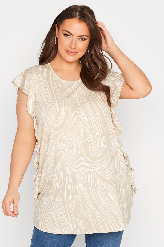 Plus Size Cream Marble Frill Sleeve Top | Yours Clothing 1