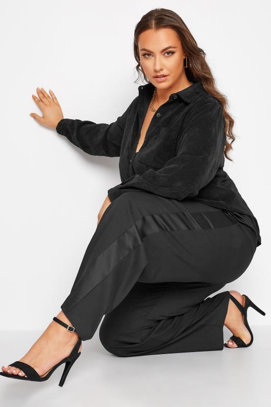 Plus Size Black Contrast Satin Wide Leg Trousers | Yours Clothing 1