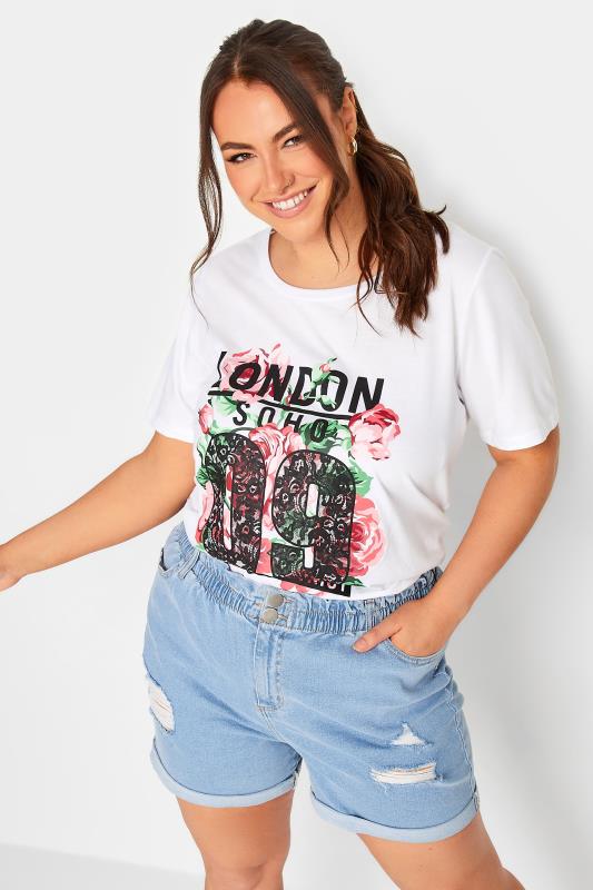 YOURS Curve White Acid Wash 'London' Rose Print T-Shirt | Yours Curve 1