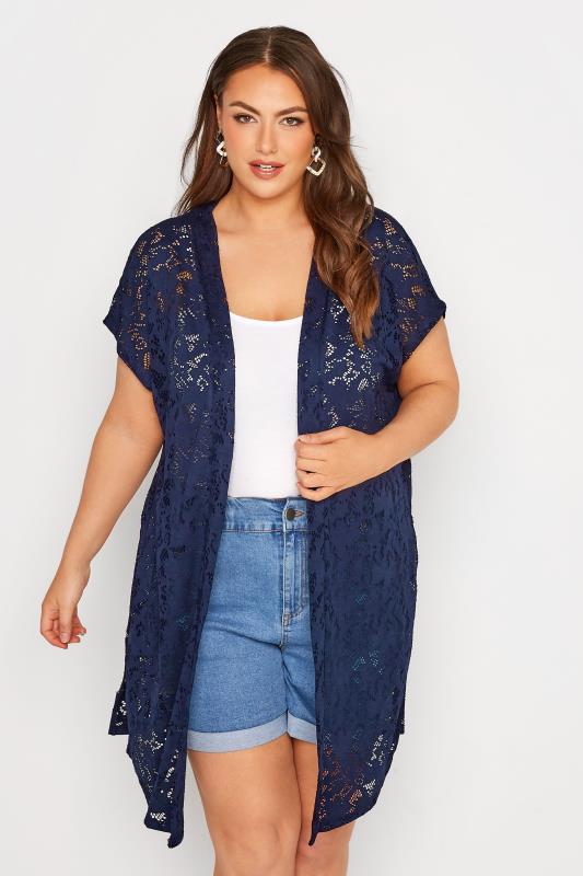  Grande Taille Curve Navy Blue Pointelle Cardigan