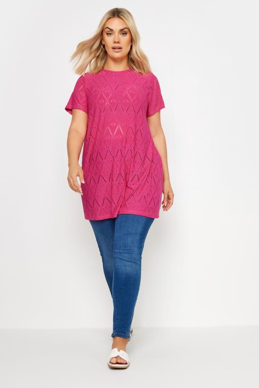 YOURS Plus Size Pink Broderie Anglaise Swing T-Shirt | Yours Clothing 2