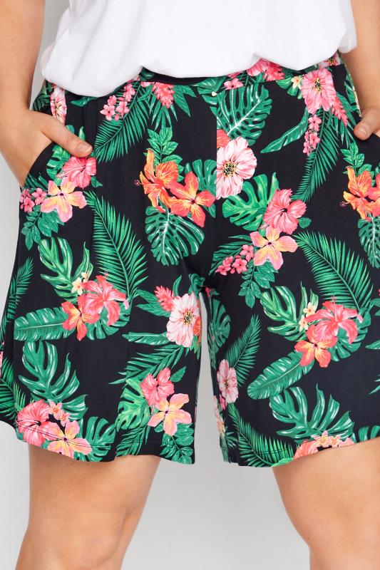 Plus Size Black Tropical Print Stretch Jersey Shorts | Yours Clothing  2
