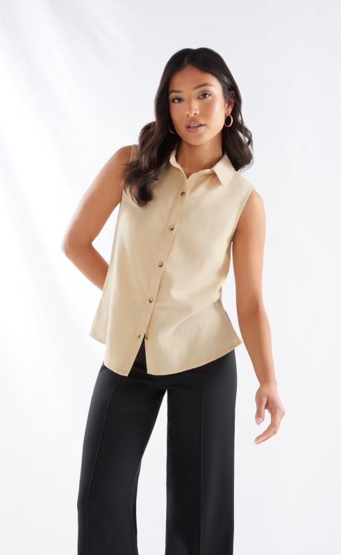Petite Stone Brown Linen Blend Sleeveless Shirt | PixieGirl 2