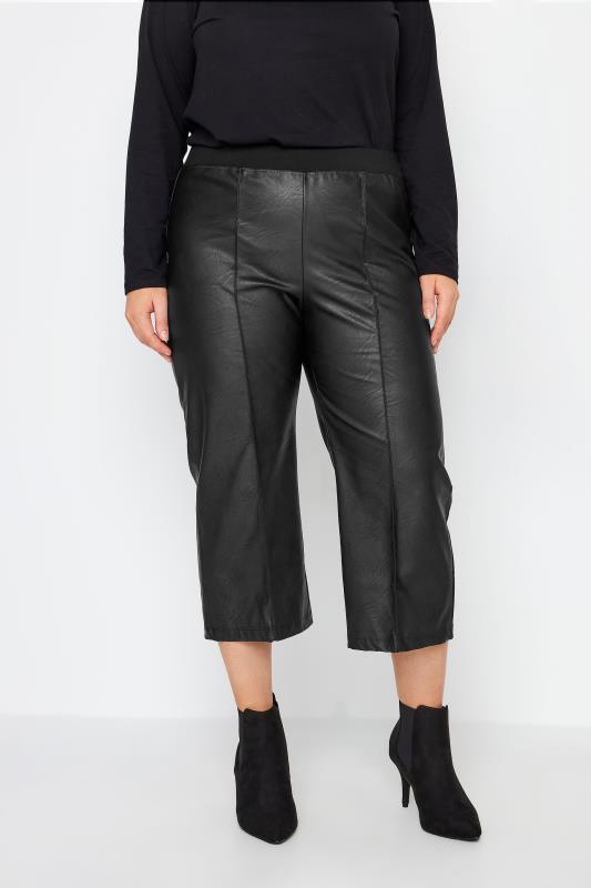 Plus Size  Manon Baptiste Black Faux Leather Wide Leg Cropped Trousers