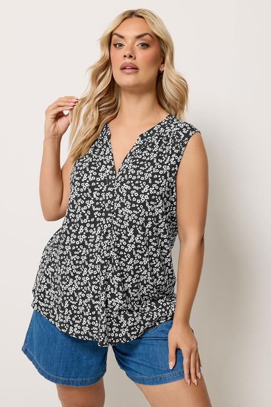  YOURS blusa negra floral con escote con muesca y con vuelo