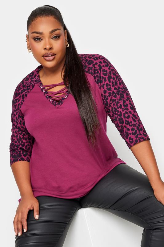 YOURS Plus Size Pink Leopard Print Lace Up Eyelet Top | Yours Clothing 4