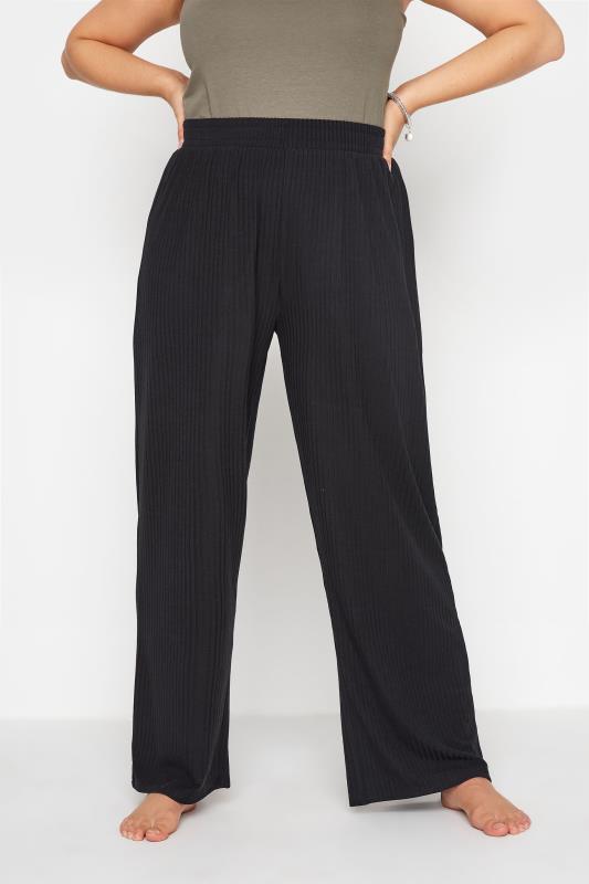  Tallas Grandes Black Ribbed Wide Leg Lounge Trousers