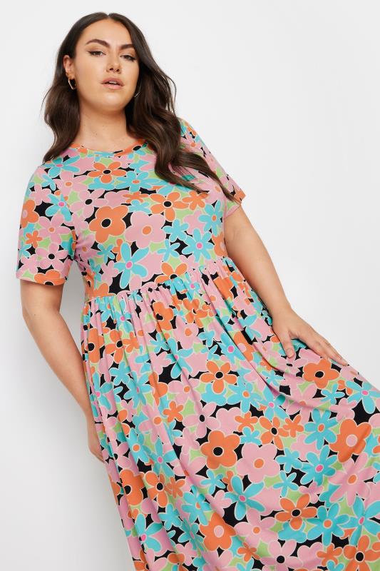 Plus Size  YOURS Curve Orange & Blue Retro Floral Print Smock Dress