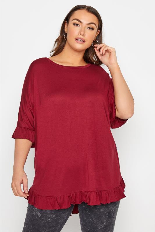 LIMITED COLLECTION Curve Wine Red Frill Jersey T-Shirt_A.jpg