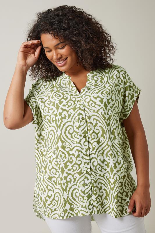 EVANS Plus Size Olive Green Abstract Print Blouse | Evans 1