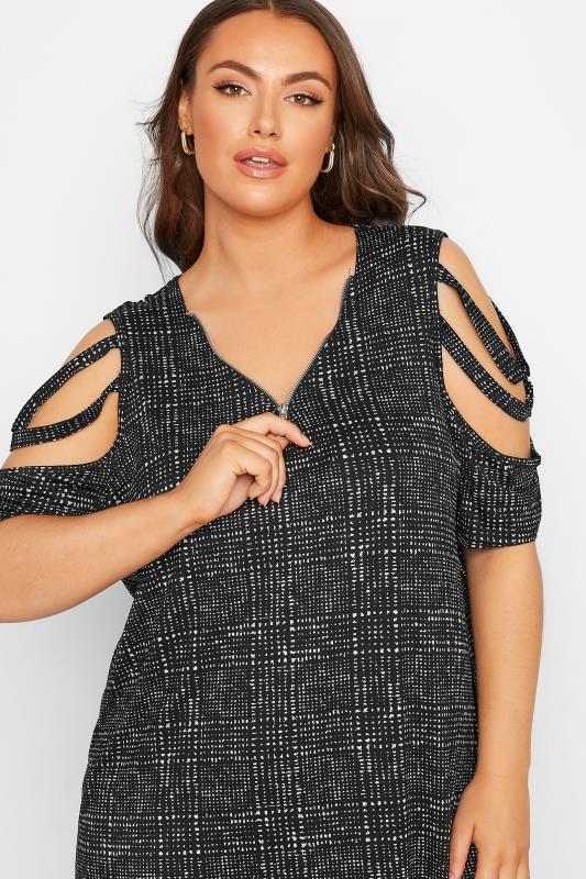 Plus Size Black Checked Zip Neck Cold Shoulder Top | Yours Clothing  5