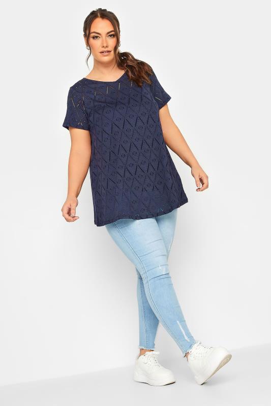 YOURS 2 PACK Plus Size Navy Blue & White Broderie Anglaise Swing Tops | Yours Clothing 5