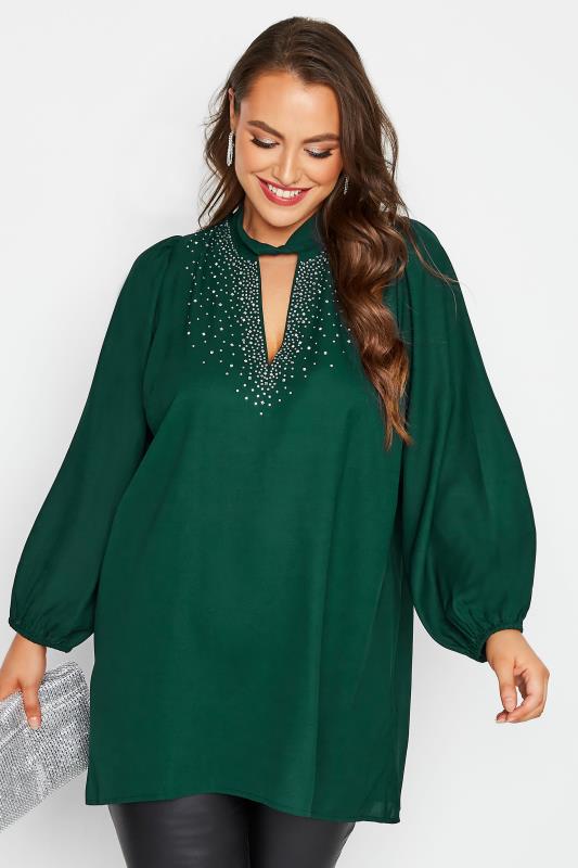 Plus Size  YOURS LONDON Curve Green Diamante Long Sleeve Tunic Top
