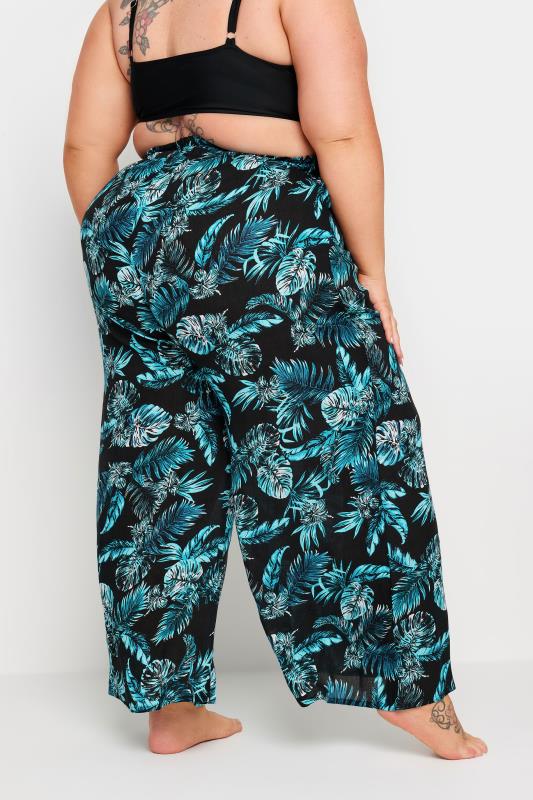 YOURS Plus Size Black Tropical Print Crinkle Tassel Trousers | Yours Clothing 5