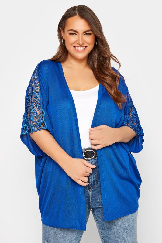 Plus Size  Curve Cobalt Blue Lace Sleeve Kimono Cardigan