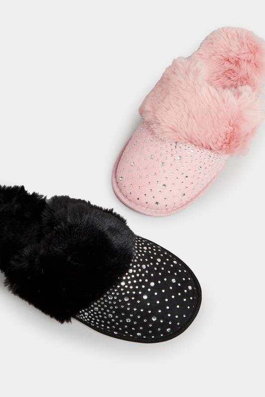 Black Diamante Faux Fur Slippers In Wide E Fit | Yours Clothing 6