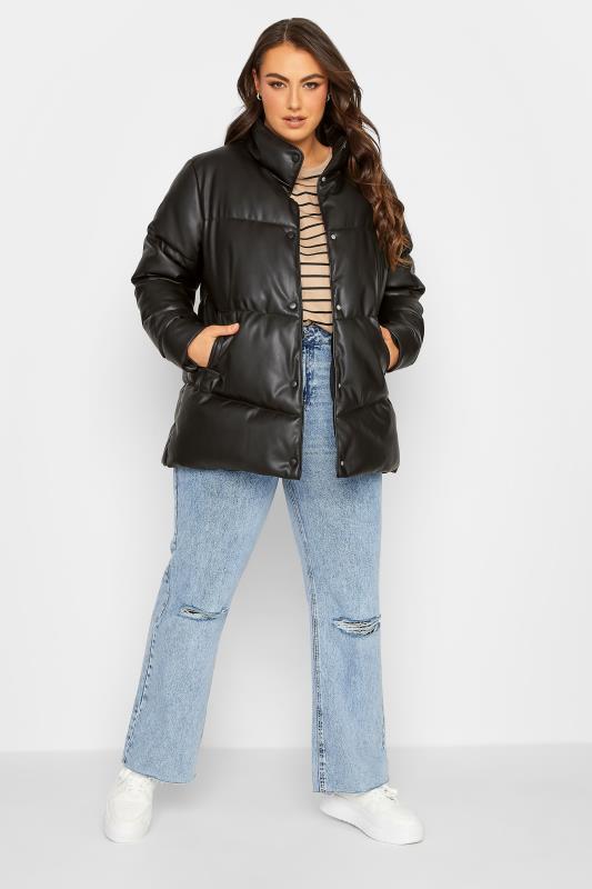 YOURS Plus Size Curve Black Faux Leather Puffer Jacket | Yours Clothing  2