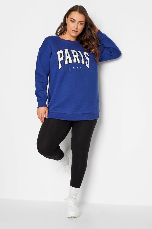 Curve Plus Size Cobalt Blue Drop Shoulder 'Paris' Slogan Sweatshirt | Yours Clothing 2