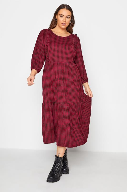 Curve Wine Red Check Tiered Midaxi Dress_A.jpg